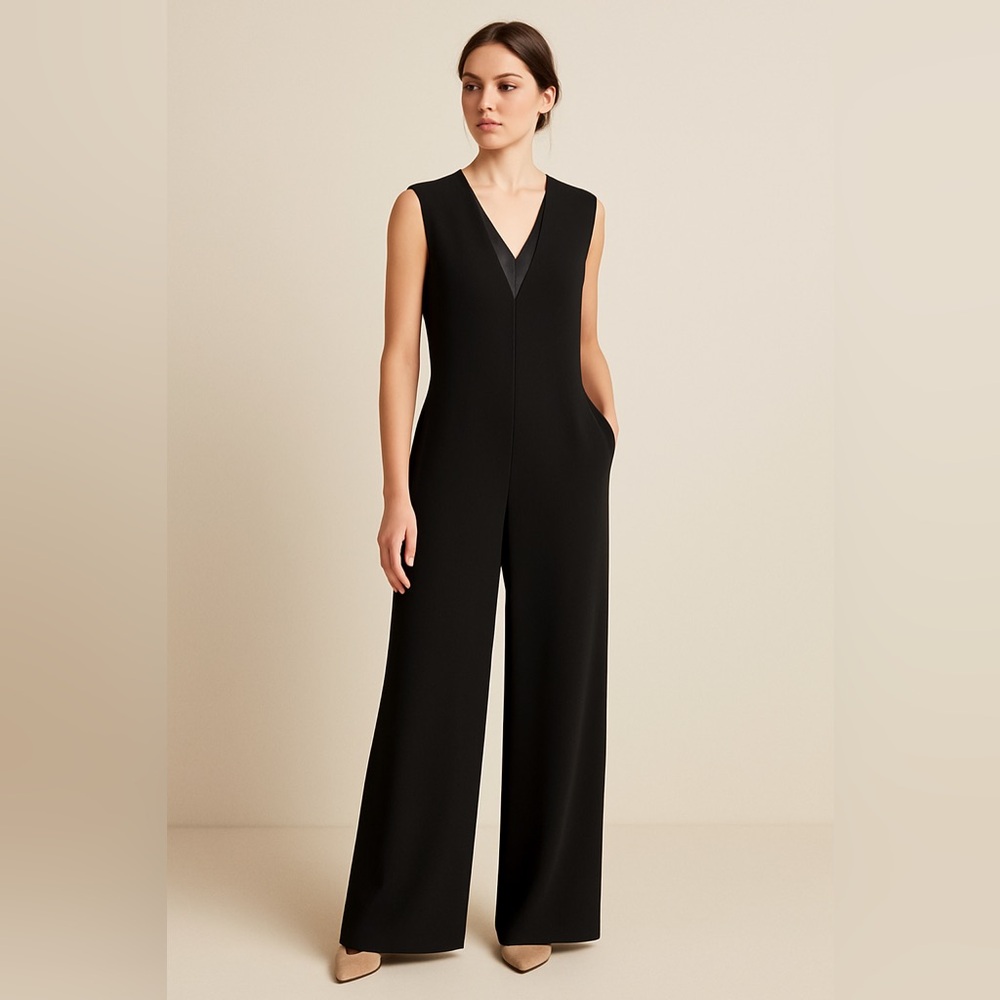 Adolfo Domínguez Black Wide-Leg Sleeveless Jumpsuit V-Neck Minimalist Size S